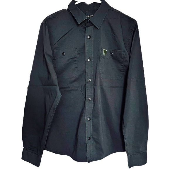 Monster Energy Other - MONSTER Energy Promo Black Button Up Shirt Lime Green Embroidered Logo NWOT S